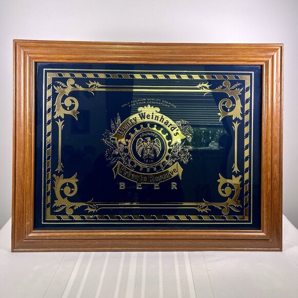 Vintage 80s Henry Weinhard’s Private Reserve Beer Mirror Bar Sign Gold Etched - Picture 1 of 9